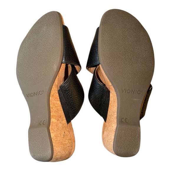Vionic Black Leather Adjustable Cross-Strap Cork Heel Sandals with TanFootbed - Picture 2 of 14